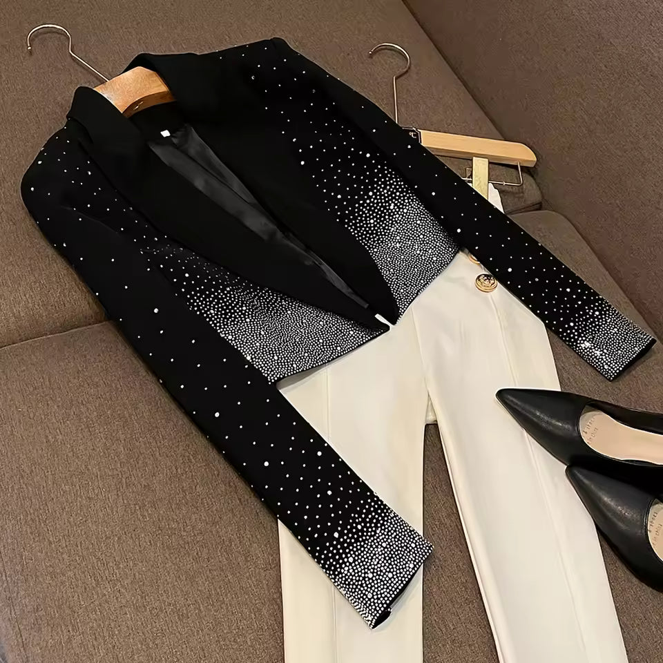 Spliced Diamonds Solid Blazers For Women V Neck Long Sleeve Temperament Coat Female Fashion Style KJA542525