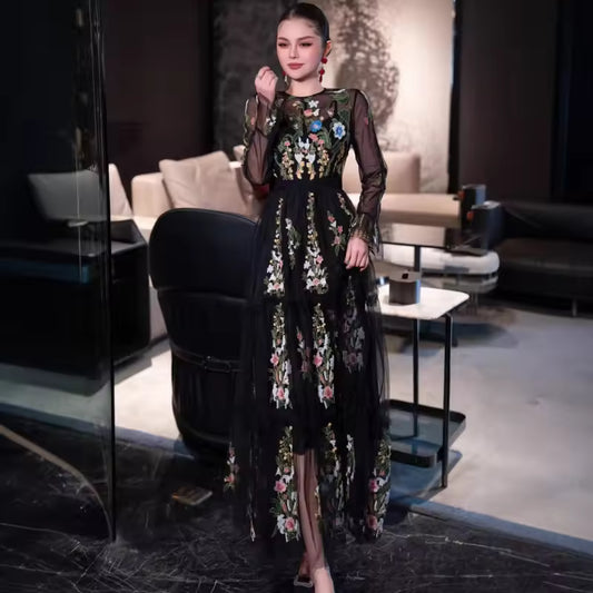 TLIT Fashion Women's Embroidery Mesh Spliced Dresses Round Neck High Waist Long Sleeve Slim Evening Dress Spring 2025 New SK1828