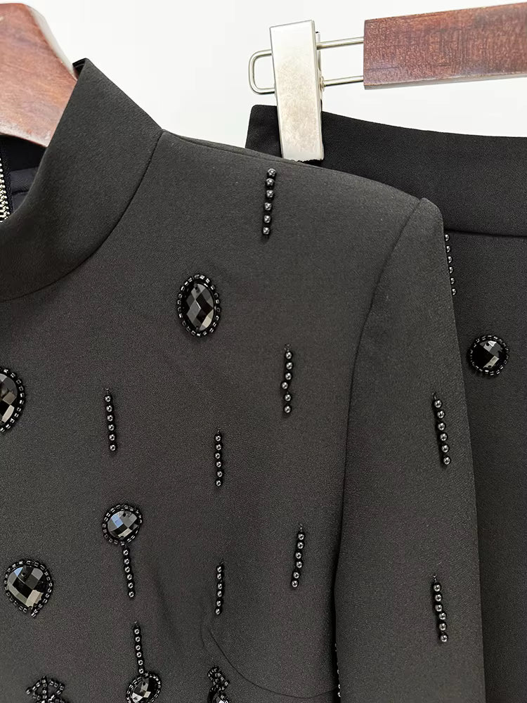 HIGH STREET Newest Fashion 2025 Designer Runway Suit Set Women's Stand Collar Zip Back Cropped Tops Long Skirt Set 2pcs