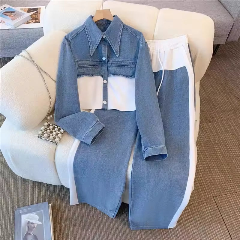 2024 Vintage Women Patchwork Denim Jacket Pant Sets Long Sleeve Cropped Coat+High Waist Wide Leg Pants Streetwear Suit Female