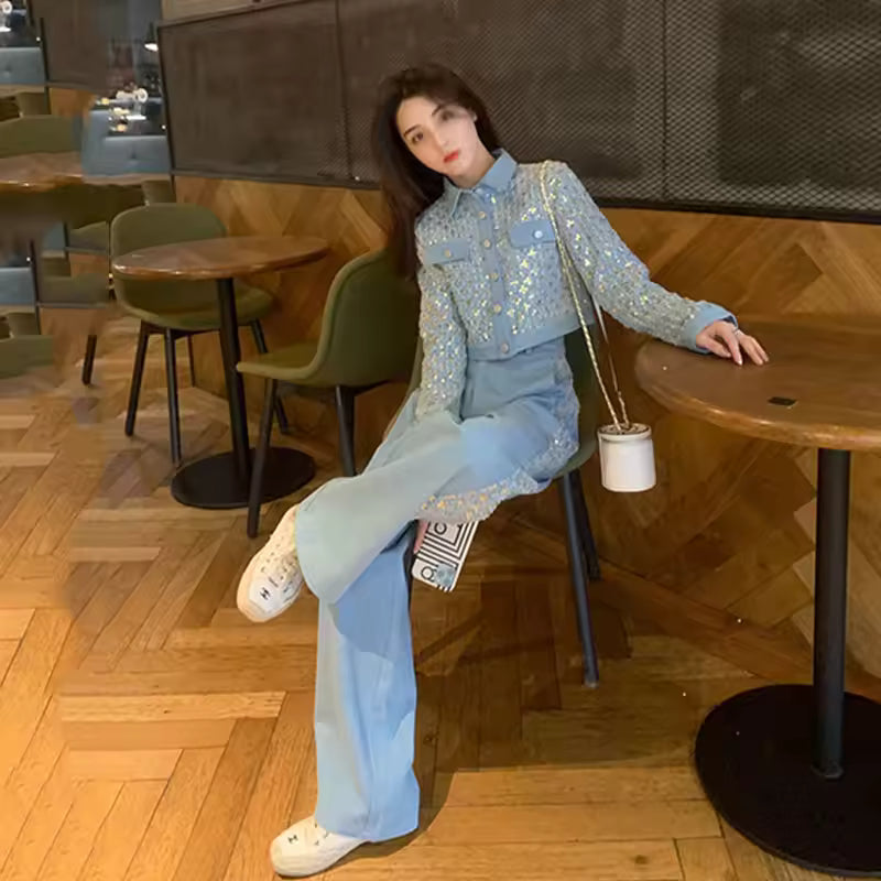 Korean 2023 New Spring two-piece Sets denim sequin jacket+ wide leg Jeans Casual Suits