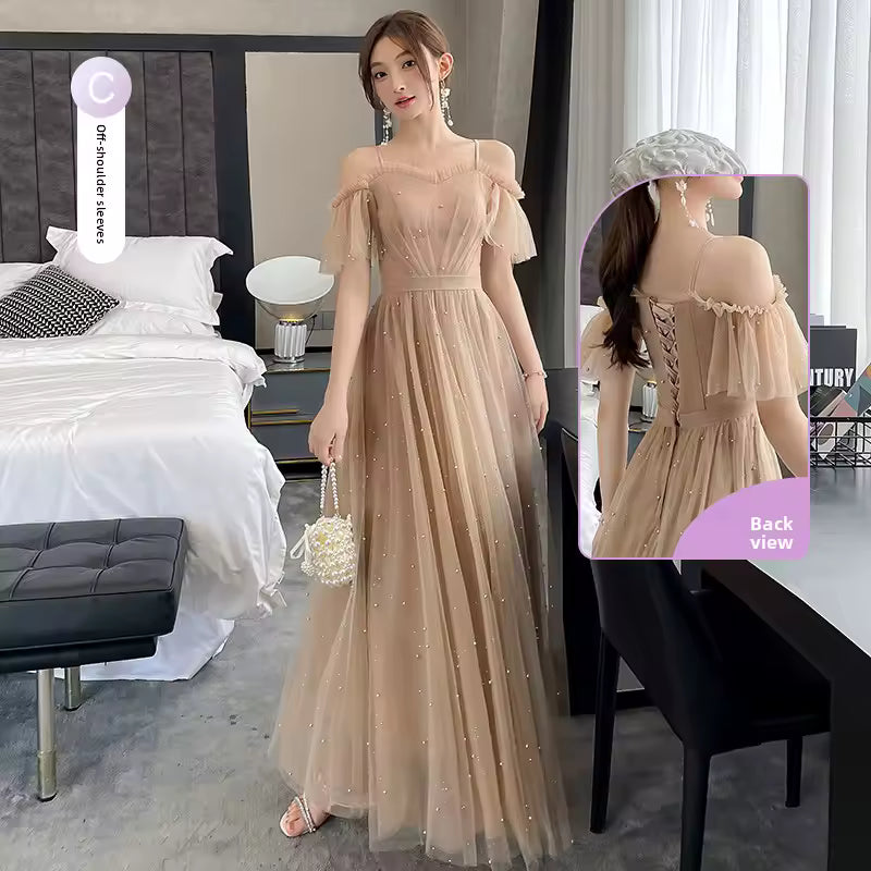Ele Long Evening Gown Maids of Summer Fairy Aosphere New 2025 High Waist Pearl Embellied Floor Length Women's D...