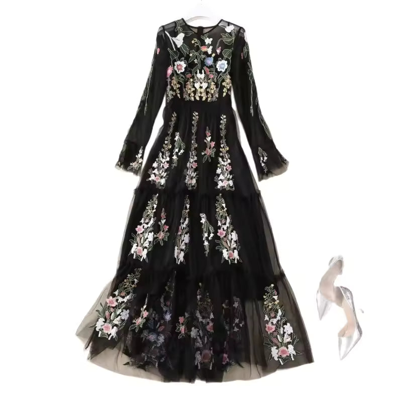 TLIT Fashion Women's Embroidery Mesh Spliced Dresses Round Neck High Waist Long Sleeve Slim Evening Dress Spring 2025 New SK1828