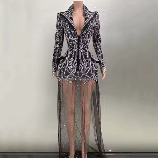 Yiling unique crystal sequins evening dress net lace fringe long dress club dress black sexy jazz singer dancer stage costume