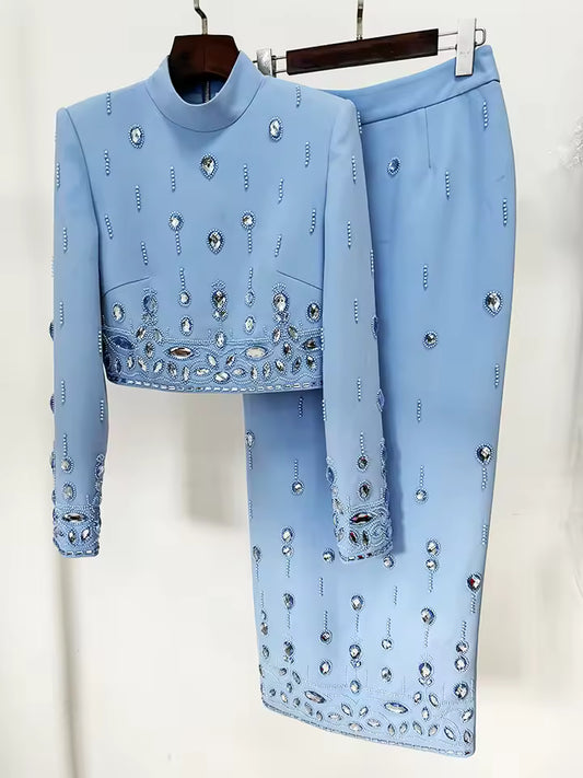 HIGH STREET Newest Fashion 2025 Designer Runway Suit Set Women's Stand Collar Zip Back Cropped Tops Long Skirt Set 2pcs