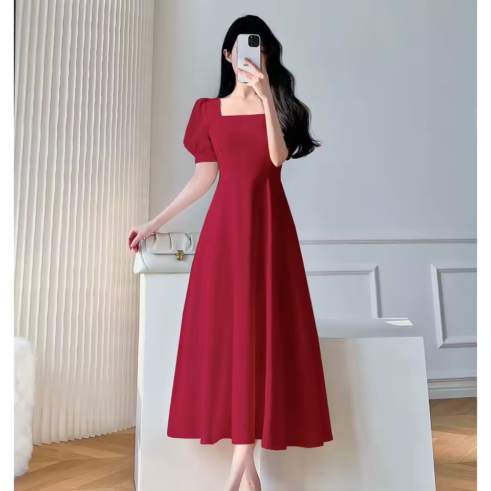 Retro women's long dress party ball bubble sleeves square collar temperament slim fit long dress summer clothing