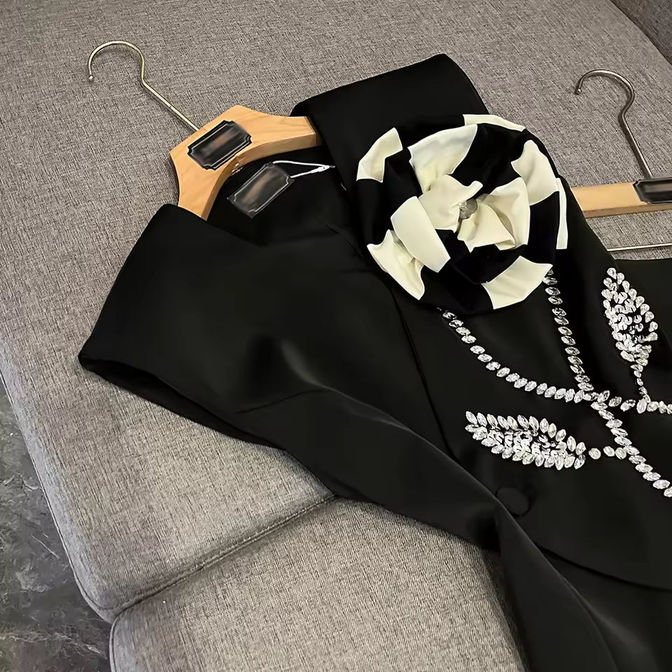 Elegant Two Piece Sets For Women V Neck Sleeveless Spliced Appliques Top High Waist Skirt Chic Set Female KSE542450