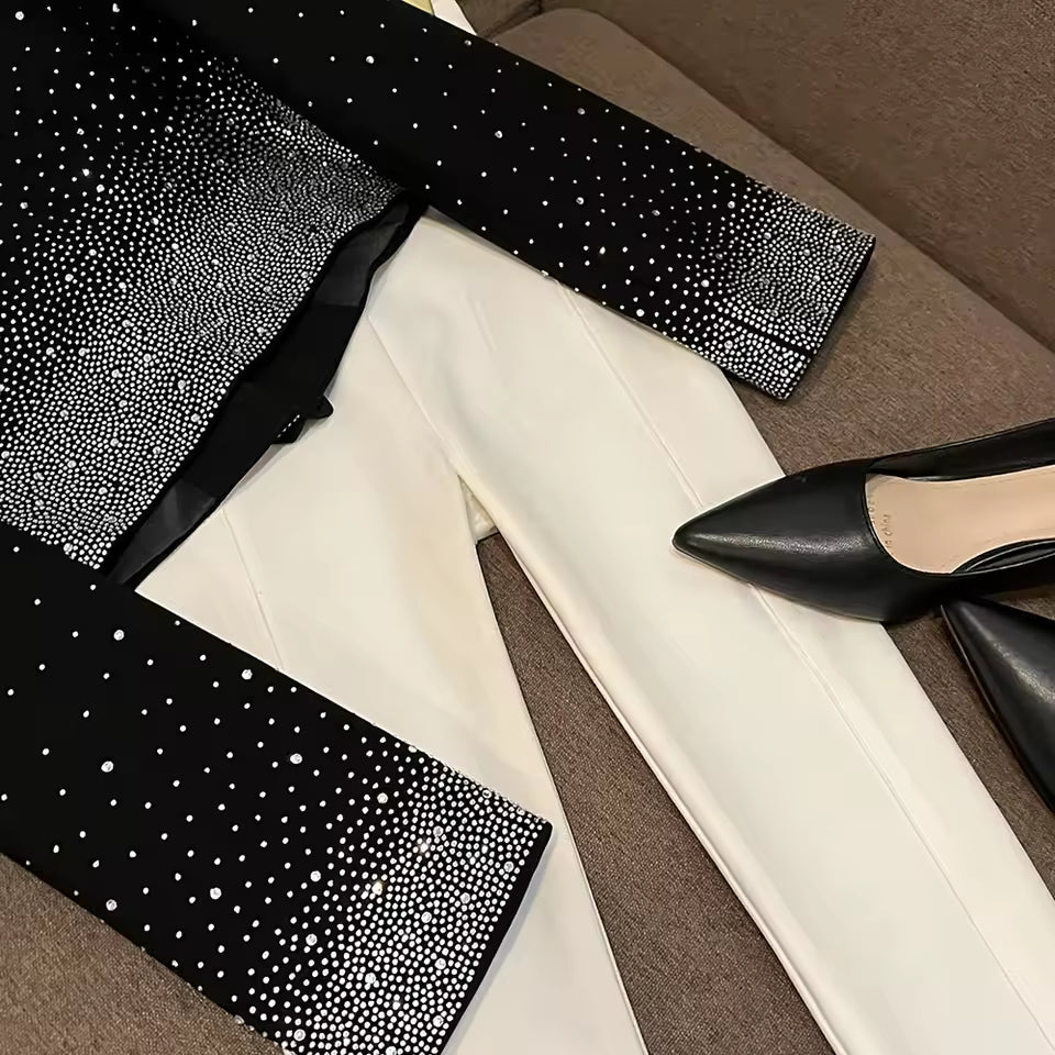Spliced Diamonds Solid Blazers For Women V Neck Long Sleeve Temperament Coat Female Fashion Style KJA542525