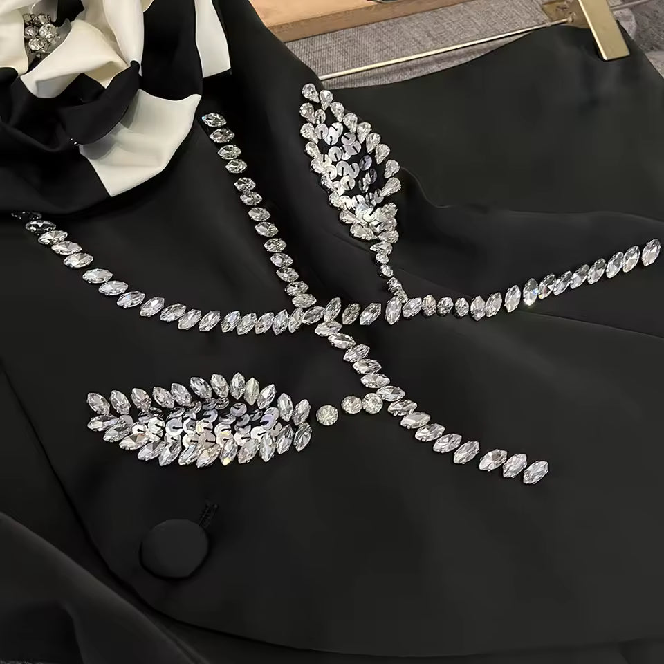Elegant Two Piece Sets For Women V Neck Sleeveless Spliced Appliques Top High Waist Skirt Chic Set Female KSE542450