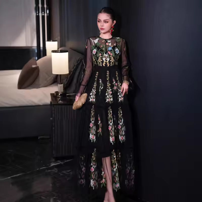 TLIT Fashion Women's Embroidery Mesh Spliced Dresses Round Neck High Waist Long Sleeve Slim Evening Dress Spring 2025 New SK1828