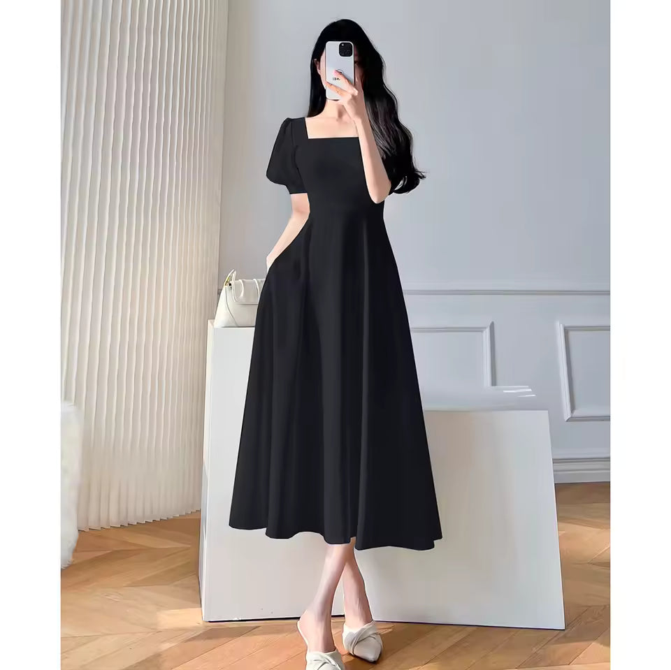 Retro women's long dress party ball bubble sleeves square collar temperament slim fit long dress summer clothing