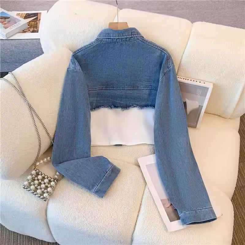 2024 Vintage Women Patchwork Denim Jacket Pant Sets Long Sleeve Cropped Coat+High Waist Wide Leg Pants Streetwear Suit Female
