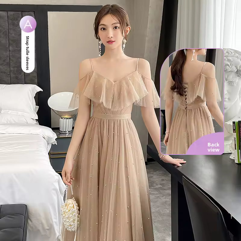Ele Long Evening Gown Maids of Summer Fairy Aosphere New 2025 High Waist Pearl Embellied Floor Length Women's D...