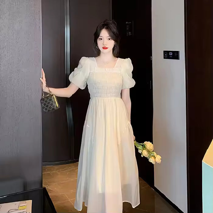 Summer Hot Sale Of The Season Fashionable French Style Tea Break Waist-Cinching Square Collar Pleated Long Dress Short Sleeve Wo
