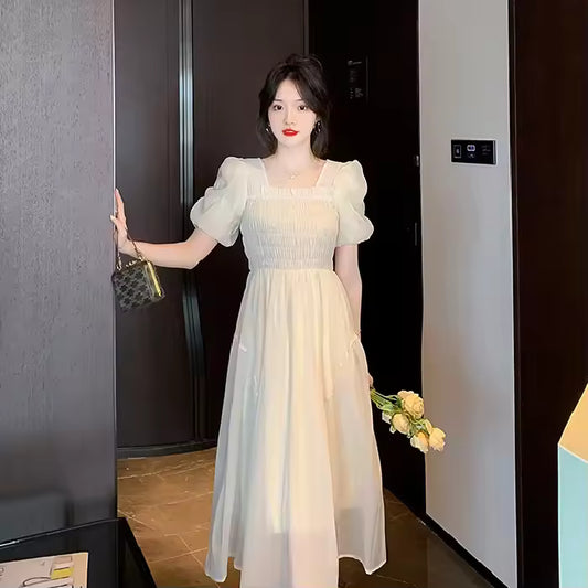 Summer Hot Sale Of The Season Fashionable French Style Tea Break Waist-Cinching Square Collar Pleated Long Dress Short Sleeve Wo