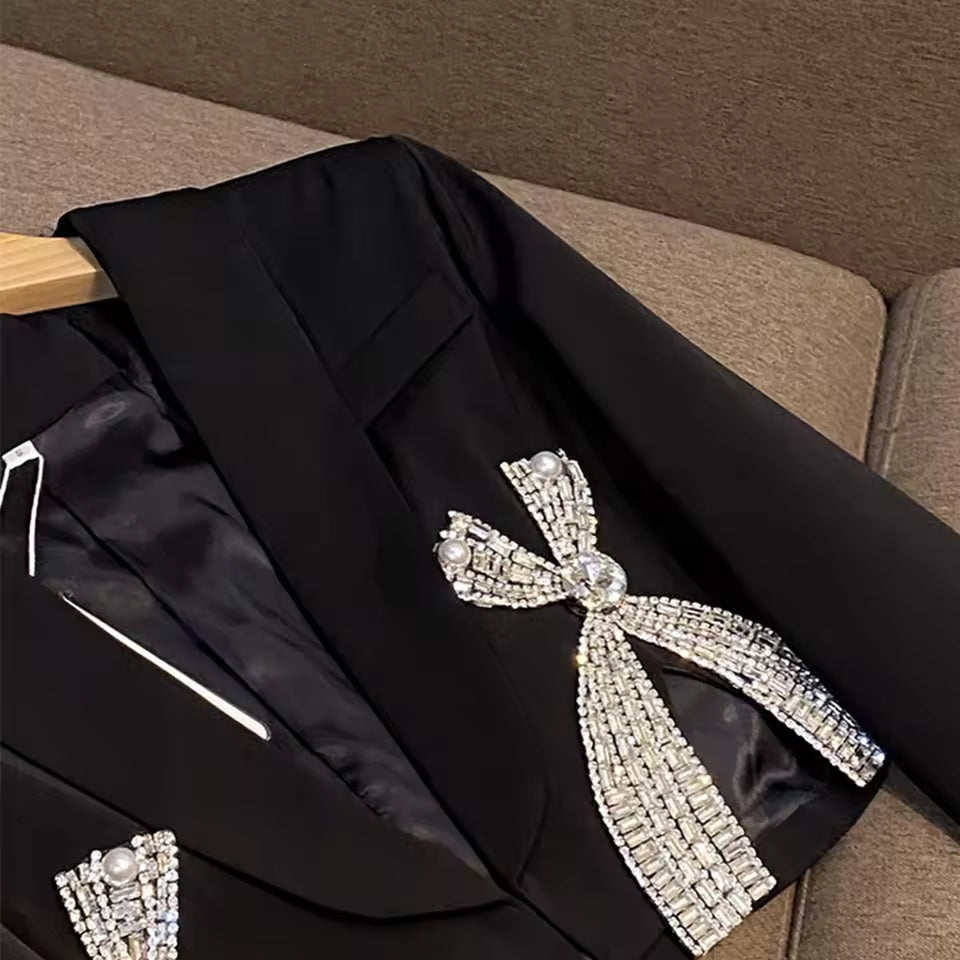 High Quality Pearl Rhinestone Short Blazer Sexy Mini Skirt Women Black Fashion Casual Party Suit 2Pcs Lady Set Autumn Winter New