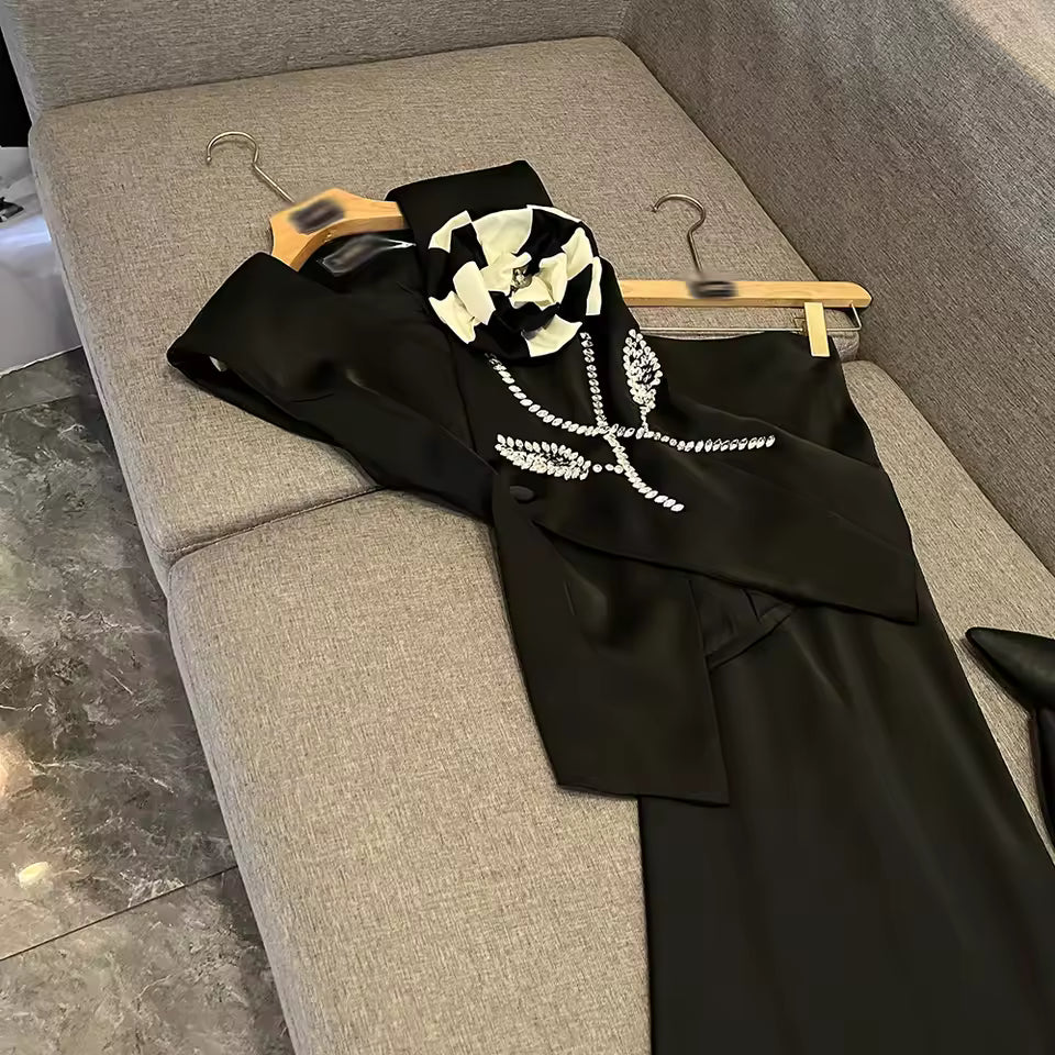 Elegant Two Piece Sets For Women V Neck Sleeveless Spliced Appliques Top High Waist Skirt Chic Set Female KSE542450