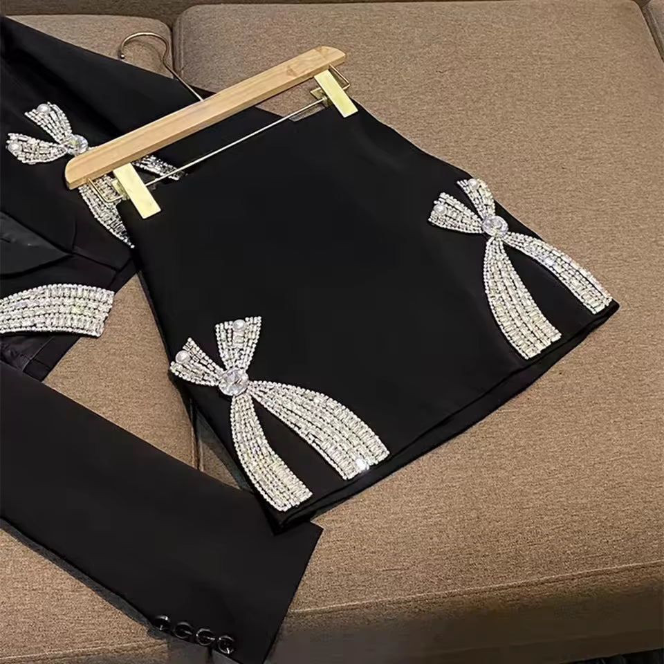 High Quality Pearl Rhinestone Short Blazer Sexy Mini Skirt Women Black Fashion Casual Party Suit 2Pcs Lady Set Autumn Winter New