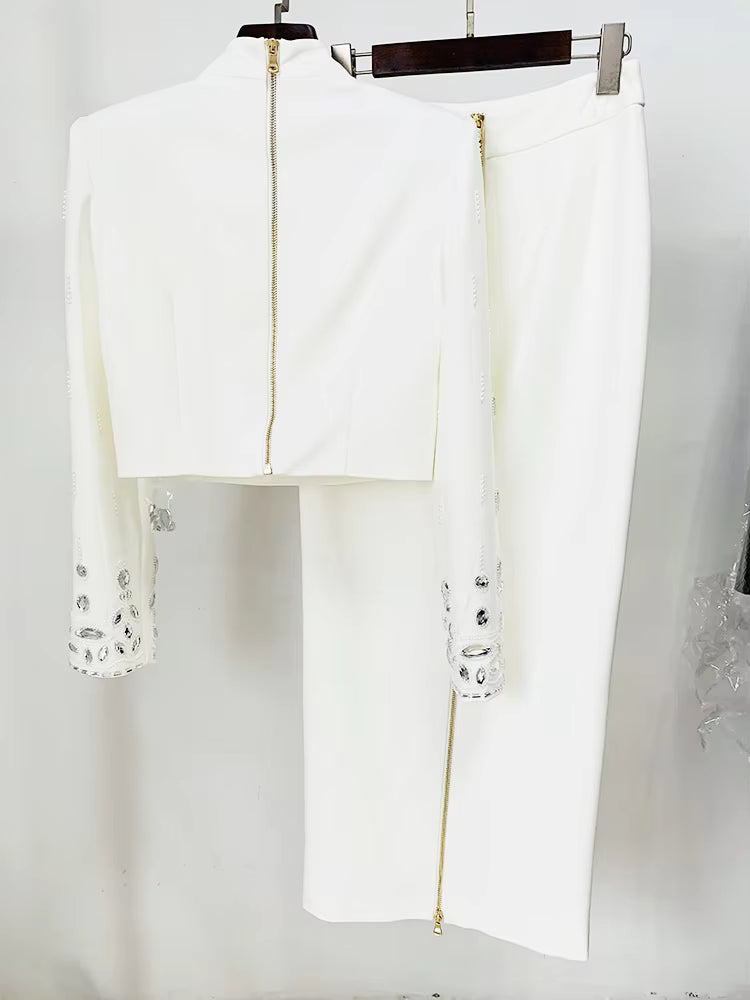 HIGH STREET Newest Fashion 2025 Designer Runway Suit Set Women's Stand Collar Zip Back Cropped Tops Long Skirt Set 2pcs