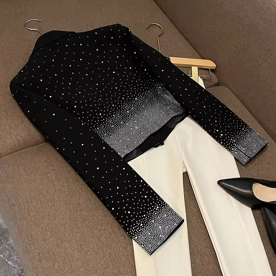 Spliced Diamonds Solid Blazers For Women V Neck Long Sleeve Temperament Coat Female Fashion Style KJA542525