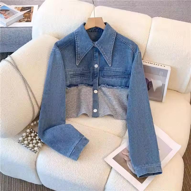 2024 Vintage Women Patchwork Denim Jacket Pant Sets Long Sleeve Cropped Coat+High Waist Wide Leg Pants Streetwear Suit Female