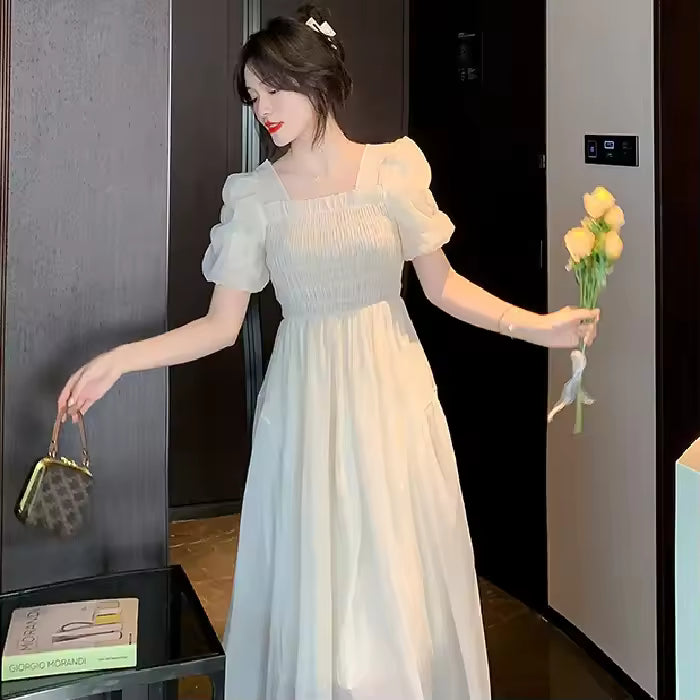 Summer Hot Sale Of The Season Fashionable French Style Tea Break Waist-Cinching Square Collar Pleated Long Dress Short Sleeve Wo