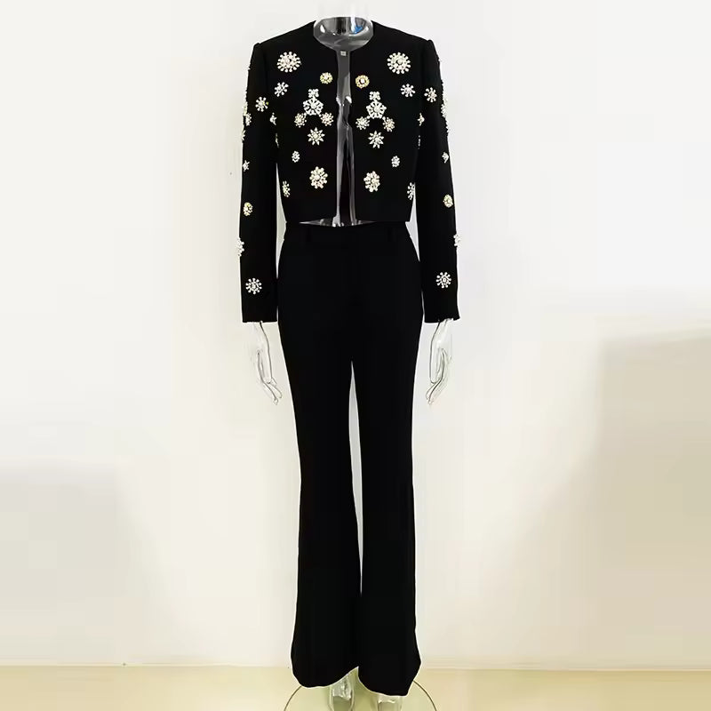Luxury Fine Workmanship Beads Rhinestone Lady Suit Short Length Coat Slit Wide Leg Pants Women 2Pcs White